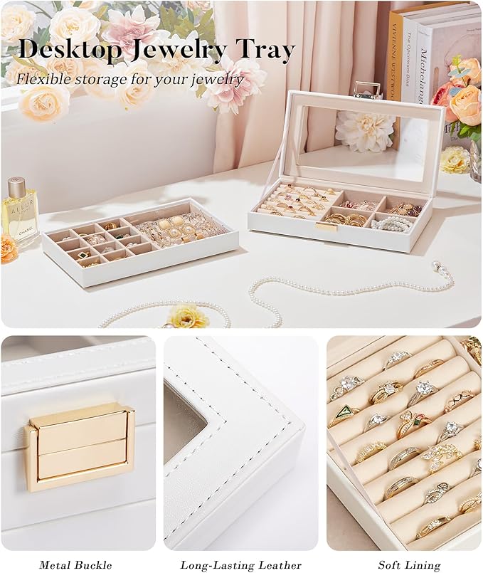 Homde Jewelry Tray Stackable Jewelry Box with Glass Lid, Removable Dividers for Vanity Table Gift Idea for Girls and Women (White)
