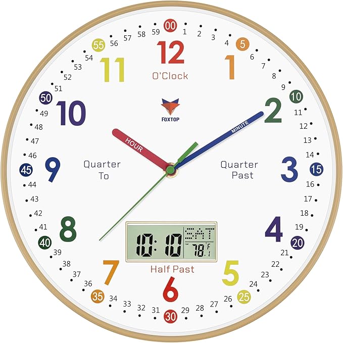 Foxtop Digital and Analog Learning Clock for Kids - Telling Time Teaching Clock 12 Inch Silent Non-Ticking Battery Operated Kids Wall Clock for Playroom Nursery Classroom School