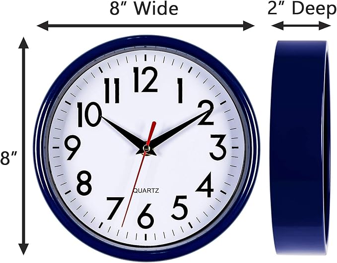 Bernhard Products Navy Blue Wall Clock 8" Silent Non-Ticking Quality Quartz Battery Operated Small Clock for Boys/Kitchen/Classroom/Office/Nursery Room Easy to Read