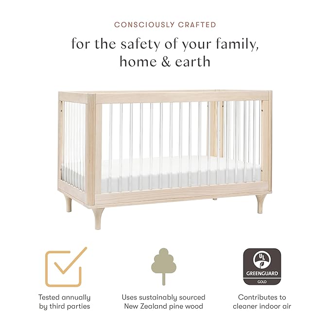 Babyletto Lolly 3-in-1 Convertible Baby Crib - GREENGUARD Gold Certified Convertible Crib to Toddler Bed & Daybed - Wooden Baby Bed, 4 Adjustable Heights - Easy to Assemble - Washed Natural/Acrylic