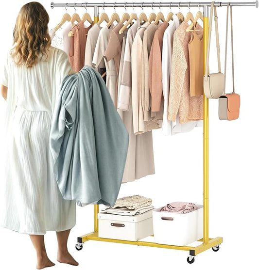 JIUYOTREE Rolling Clothes Rack with Shelf Clothing Garment Rack with Wheels Width Adjustable Clothing Organizer for Hanging Clothes Shirts Pants Skirts and Bags Gold