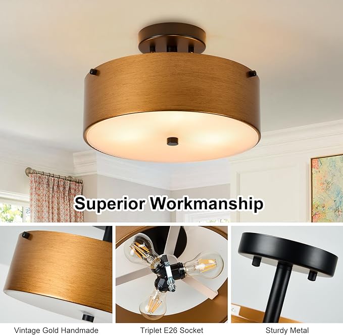 Gold Semi Flush Mount Ceiling Light, Modern Drum Chandelier with Brass Gold Metal Shade, Vintage Close to Ceiling Light for Kitchen Entryway Bedroom Laundry Room, 3-Light, 12 Inch