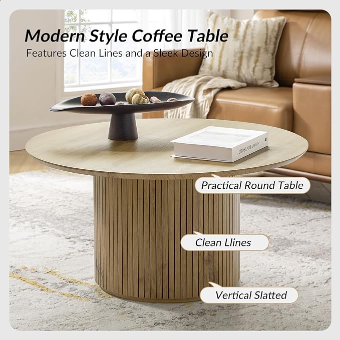 HULALA Home Round Coffee Table, Wood Coffee Table with Vertical Slat Base, Modern Coffee Table for Living Room and Lounge Room,Oak