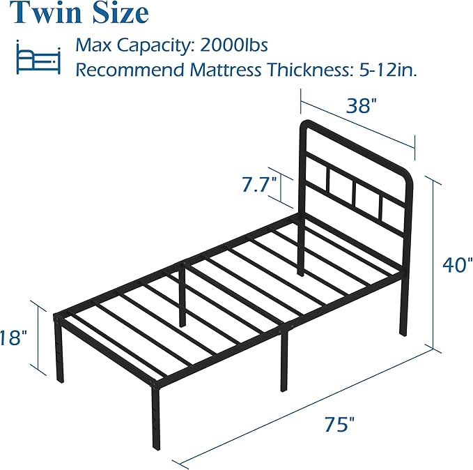 Twin Bed Frames with Headboard 18 Inch, Metal Platform No Box Spring Needed Heavy Duty Steel Slat Mattress Foundation/Easy Assembly/Noise Free/Black
