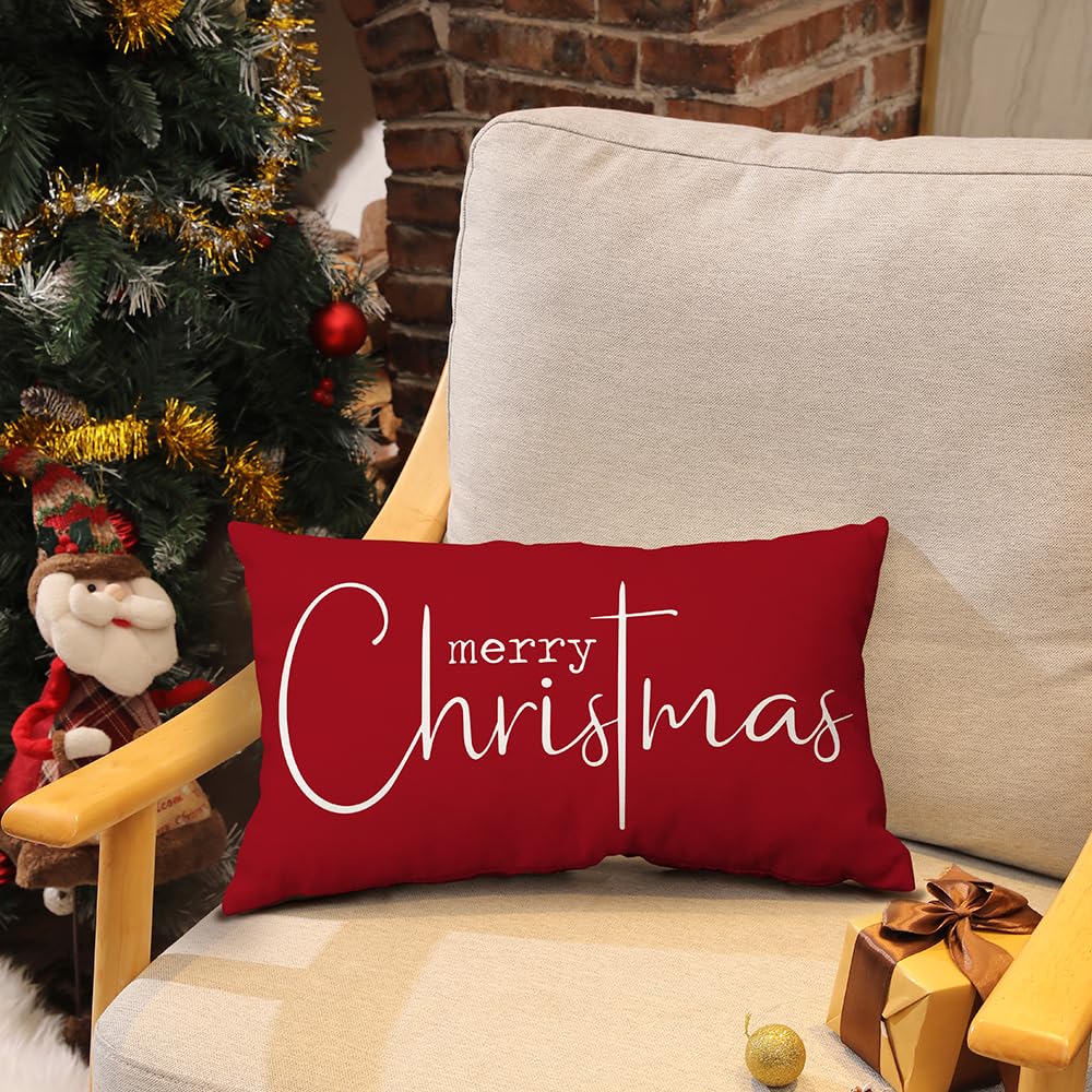 Allorry Christmas Pillow Covers Merry Christmas Throw Pillow Decorative Christmas Red Cotton Cloth Linen Cloth Pillow Cover Sofa Cover Decorative Rectangle Length 12X20 inches