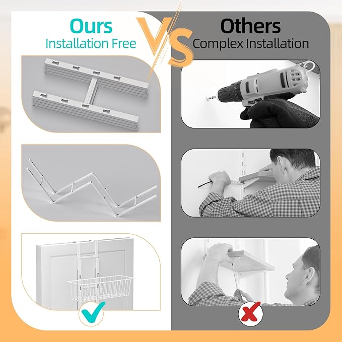 6 Tier Over the Door Pantry Organizer, Foldable Metal Over the Door Hanging Spice Rack with 6 Baskets, Adjustable Hanging Storage Rack for Kitchen, Bedroom, Laundry Room, Bathroom Essentials, White