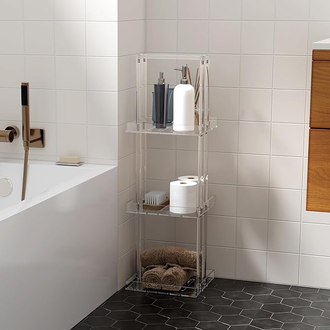 Aquiver Acrylic Standing Shower Caddy - 3 Tier Shower Organizer Stand with Handle - Corner Shower Caddy for Inside Bathroom, Bathtub, 11'' L x 10'' W x 34.6'' H, Clear