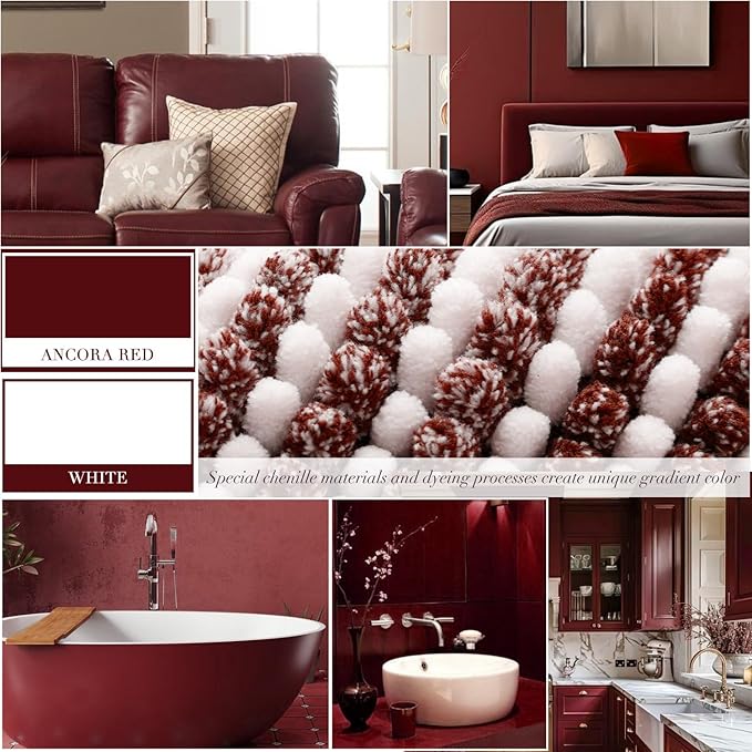 Bathroom Rugs and Mats Sets, 2 Piece Thick Absorbent Chenille Bath Mat Rug Set Non Slip, Soft Shaggy Bath Room Floor Mats for Bathroom, Machine Washable (Burgundy Red, 20" x 32" Plus 16" x 24")