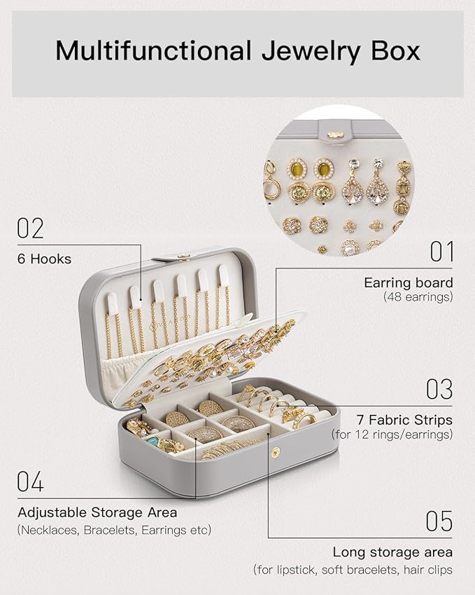 Vlando Travel Jewelry Case, PU Leather Travel Jewelry Box with Earring Holder, Portable Display Small Jewelry Box for Mothers Day Women Girls Gift - Grey