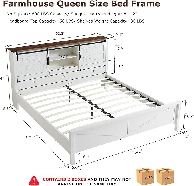 T4TREAM Farmhouse Queen Size Bed Frame w/Storage Bookcase Headboard, Sliding Barn Door, Charging Station, Rustic Wood Platform Bed w/Wood Slats Support, No Box Spring Needed, Antique White