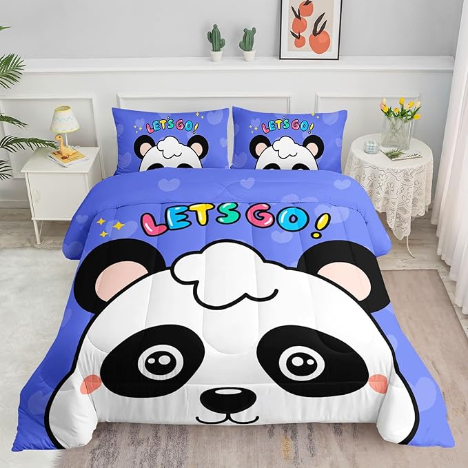 Panda Comforter Bedding Set for Boys Girls Kids Teens, Cartoon Blue Heart Kawaii Animal Theme With 1 Comforter and 2 Pillowcases (Full)