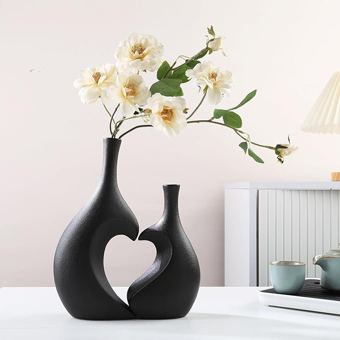 Black Ceramic Vase Set of 2, Heart Shaped vase, Matte Frosted Texture Finish,Farmhouse Decor, Home Decor, Decorative Vase, Vases for Your Bedroom, Office, Living Room, Bathroom (Black)
