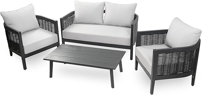 Merax 4-Piece Outdoor Acacia Wood Wicker Conversation Set with Loveseat,2 Chairs and Coffetable for Backyard Garden