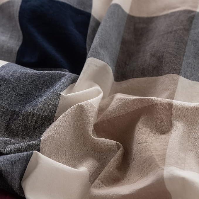 FACE TWO FACE Bedding Duvet Cover Set 3 Pieces 100% Washed Cotton Duvet Cover Linen Like Textured Breathable Durable Soft Comfy (Queen, Blue red Grid)