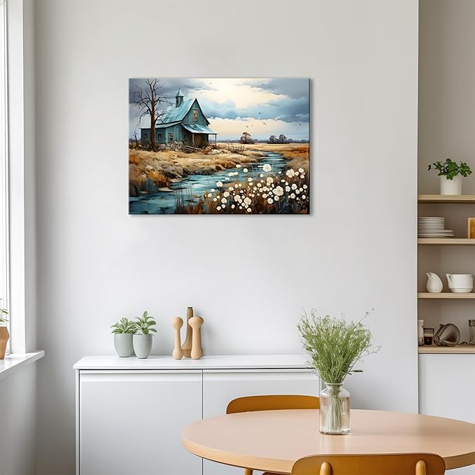 CYULWNNO Farmhouse Wall Art Barn Farm Landscape Painting Pictures Decor Blue Farm Nature Wildflower Rustic Scenery Canvas Prints Artwork Frame Living Room Bedroom Bathroom Wall Decor 16"x24"