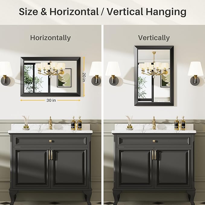 20x30 Inch Black Bathroom Mirror for Wall, Thick Metal Framed Rectangle Mirrors for Over Sink, Bedroom, Living Room, Entryway, Anti-Rust, HD Tempered Glass