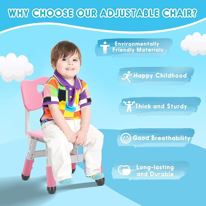 Kids Height Adjustable Toddler Chair Max Load 220LBS Plastic Indoor Outdoor for Children Age 1-6 School Home Daycare Use Pink