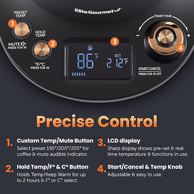 Elite Gourmet EKT3001 1L Digital Water Kettle, 304 Stainless Steel Interior, Programmed Temperatures, Keep Warm Function, Cordless, 360° Base, Auto Off & Audible Indicator, Matte Black