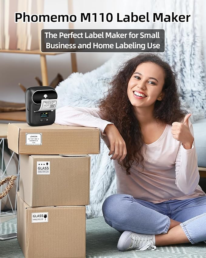 Phomemo Label Maker - M110 Address Label Printer Bluetooth Thermal Printer for Business, Office, School, Home-use, Barcode, Logo, Clothing Labels, with 3 Label Roll, Black