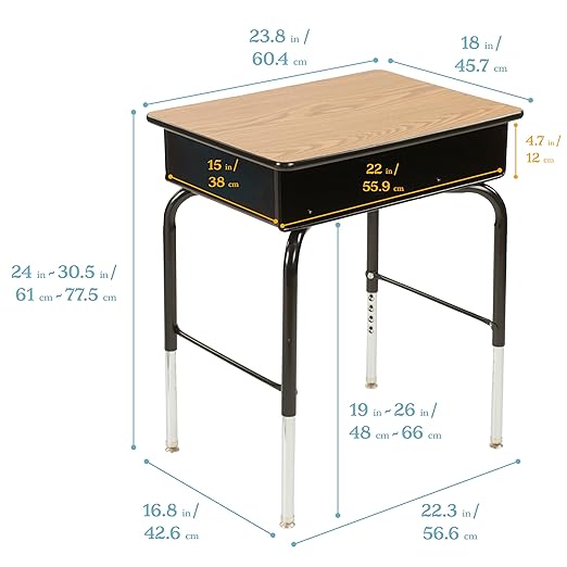 ECR4Kids Open Front Desk with Metal Storage Book Box, Adjustable, Classroom Furniture, Oak