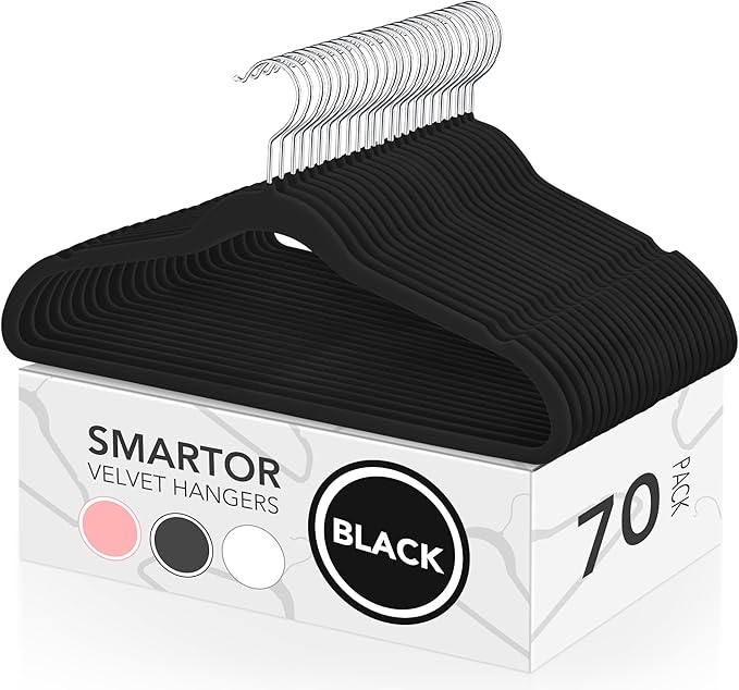 Smartor Velvet Hangers 70 Pack, Black Non Slip Clothes Felt Hanger Heavy Duty for Coat, Premium Slim Space Saving Hangers for Closet Organizer and Storage, 360° Rotating Silver Hook