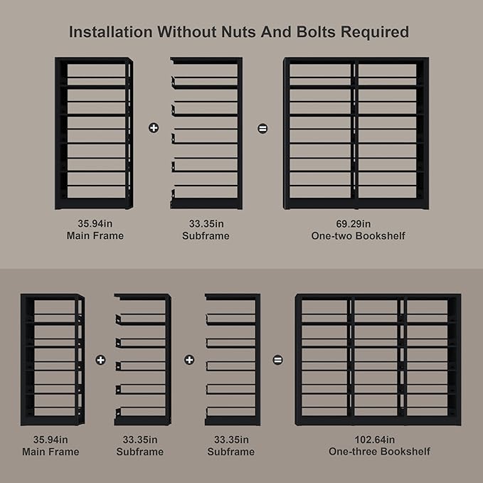 5-Tier Black Bookshelf, Metal with Adjustable Storage Shelves, Freestanding Bookcases and Bookshelves, Wide Bookshelf for Home Office, Living Room, Including Book Stopper