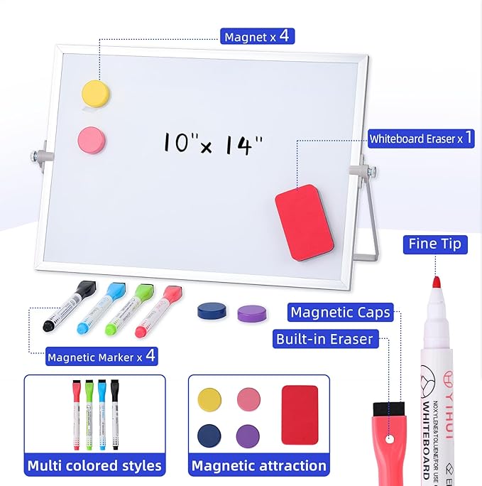 MXG 12"×16" Double-Sided Magnetic Desktop Whiteboard, 4 Dry-Erase Markers, White Board Eraser, 4 Magnets, Small Dry Erase Board for Home, Office, Grocery Lists