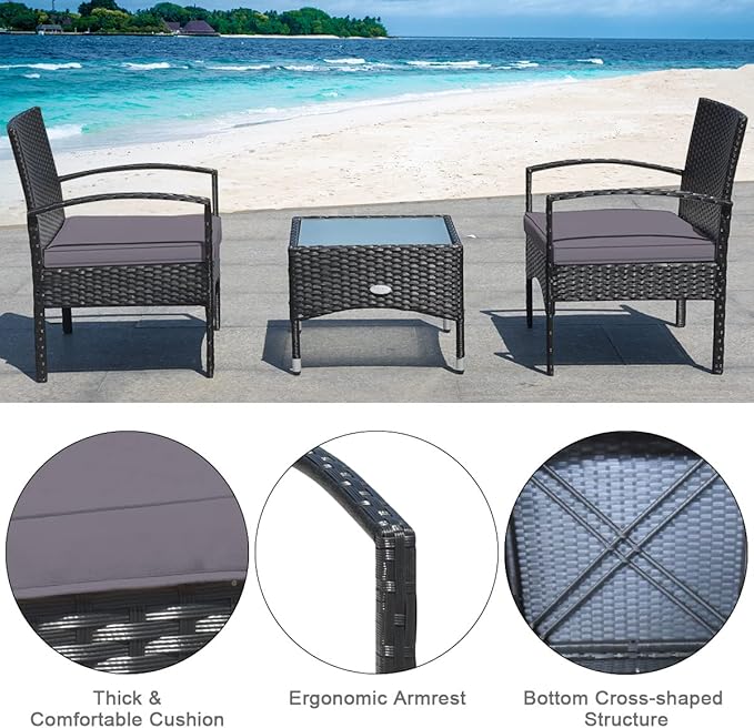 COSTWAY 3 PCS Patio Wicker Conversation Set, PE Rattan Sofa with Tempered Glass Coffee Table, 2 Chairs, 2 Cushions, Outdoor Patio Furniture Set for Yard Porch Bistro Balcony Backyard Pool, Grey