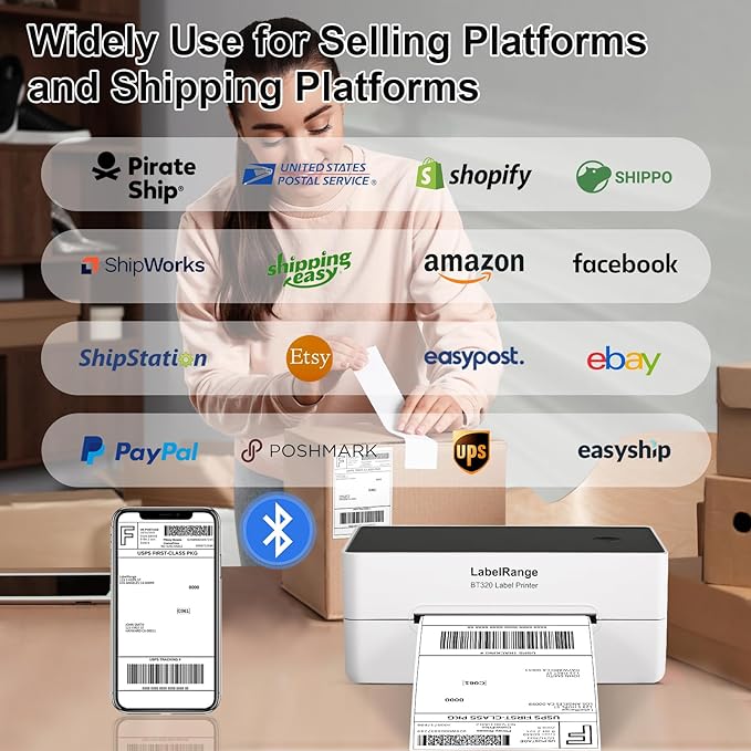 Ecommerce Label Printer 4x6, Bluetooth Thermal Shipping Label Printer, Compatible with Android&iOS and Windows, Support Amazon, Ebay, Shopify, Etsy, Whatnot, USPS, Pirate Ship, Shippo