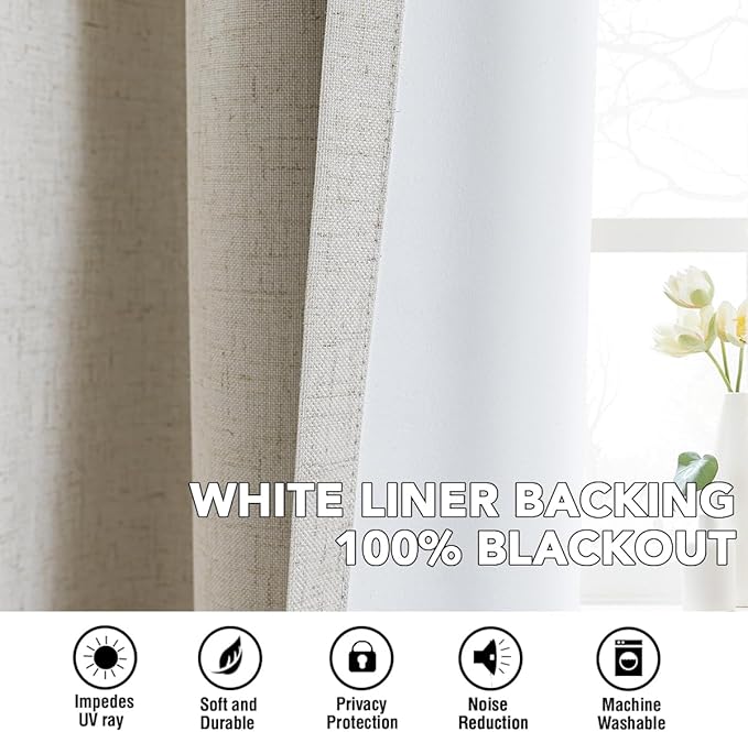 H.VERSAILTEX Linen Curtains 100% Blackout Curtains for Bedroom 63 inch Long Full Light Blocking Nature Linen Blended Window Curtains for Living Room Nickel Grommet (2 Panels, Heathered Linen)
