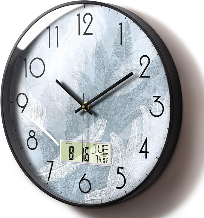 SCAOGE Digital Wall Mount Clock with Date Temperature Day White with Blue Feather Unique Silent Calendar Clocks Battery Operated Large Display Decorative for Bathroom Kitchen Office Bedrooms 12 Inch