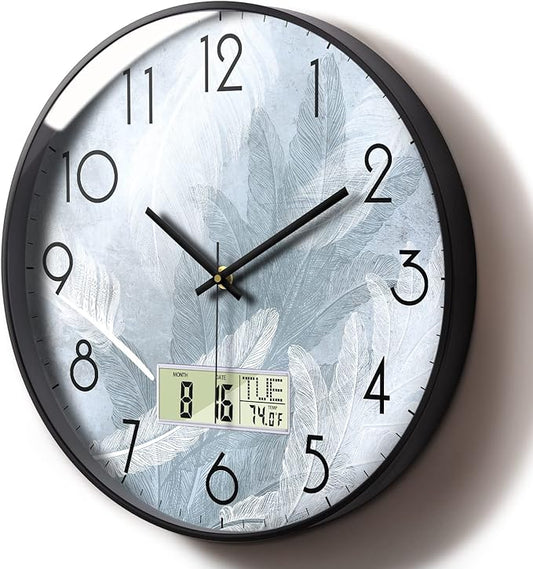 SCAOGE Digital Wall Mount Clock with Date Temperature Day White with Blue Feather Unique Silent Calendar Clocks Battery Operated Large Display Decorative for Bathroom Kitchen Office Bedrooms 12 Inch