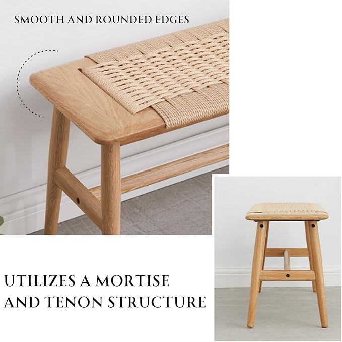 31.5'' Woven Dining Beach with 100% Solid Oak Wood Bench Frame, Hand Knitted Rope Designed Bed End Shoe Bench for Kitchen Bedroom Entryway, Beige