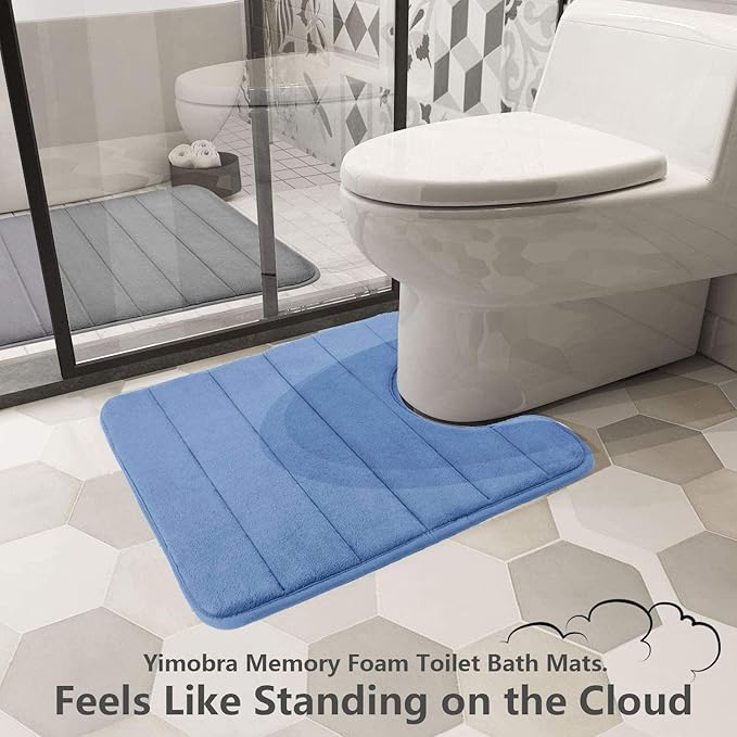 Yimobra Memory Foam Toilet Bath Mat U-Shaped, Soft and Comfortable, Super Water Absorption, Non-Slip, Thick, Machine Wash and Easier to Dry for Bathroom Commode Contour Rug, 24 X 20 Inches, Blue