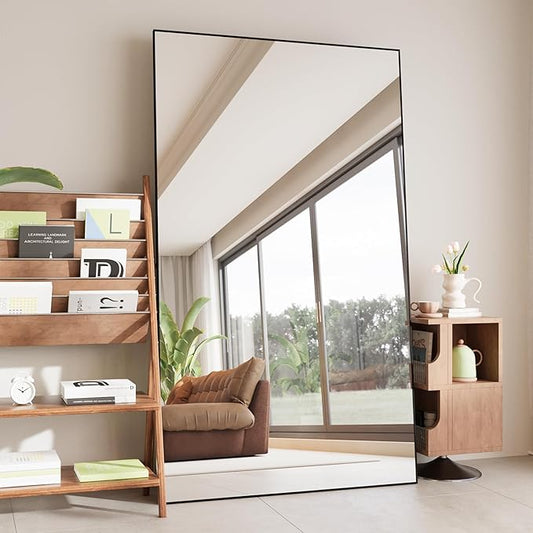 FANYUSHOW 76.3"x37" Full Length Mirror Floor Standing Aluminum Frame for Living Room, Tempered Glass Floor Mirror, Simple Home Decor, Wall Decor for Bedroom & Bathroom, Large Full Body Mirror, Black