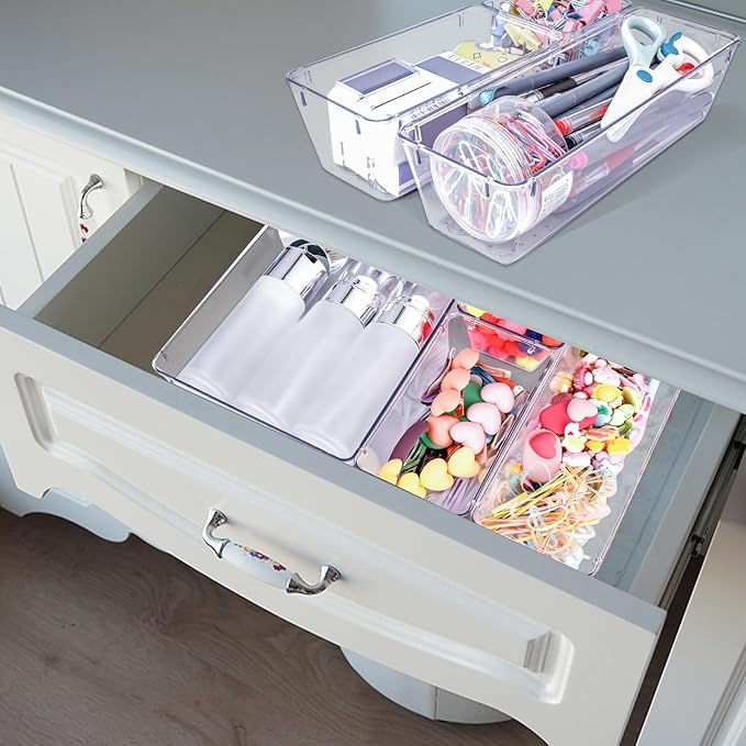 4 PCS Clear Plastic Drawer Organizer, Desk Drawer Divider Organizers and Storage Bins for Makeup, Jewelry, Gadgets for Kitchen, Bedroom, Bathroom, Office (9.0"x6.0"x2.2")