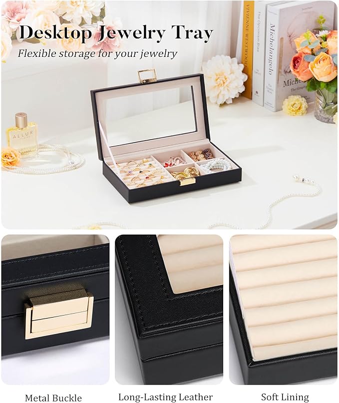 Homde Jewelry Tray Stackable Jewelry Box with Glass Lid, Removable Dividers for Vanity Table Gift Idea for Girls and Women (Black)