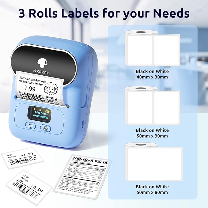 Phomemo Label Maker with 3 Labels- M110 Portable Bluetooth Label Maker Machine for Small Business, Barcode, Address, Logo, Clothing, Jerwery, Compatible with iOS & Android, Blue