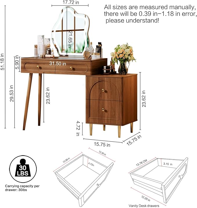 Walnut Stylish Corner Makeup Vanity Table，Vanity Desk with Lighted Mirror and 4 Spacious Drawers,Bedroom Essential Dressing Table with Nightstand，Modern Minimalist Writing Desk for Girls