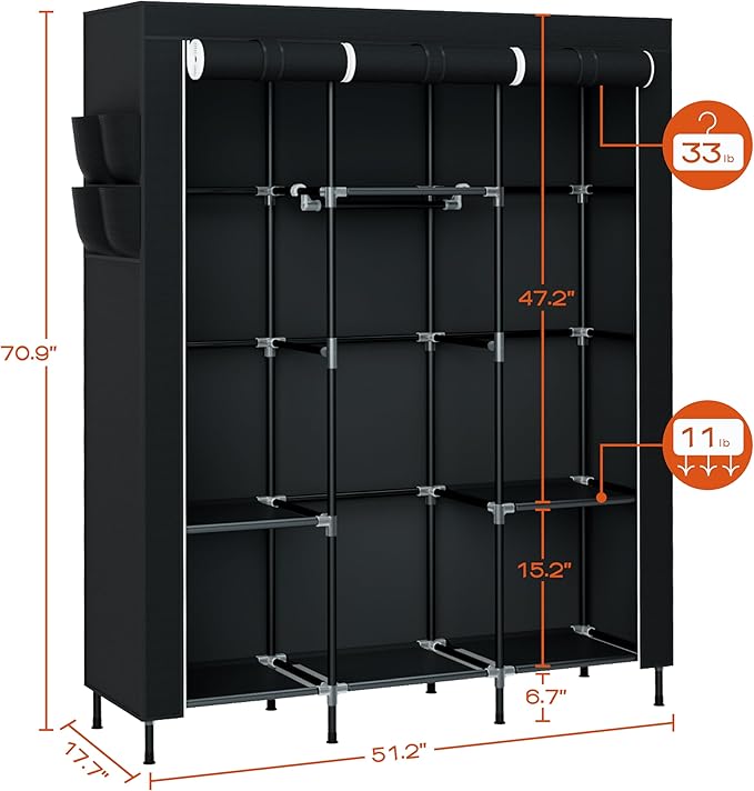 Portable Closet, 51.2 Inch Large Capacity Wardrobe Closet with Cover, Clothes Storage Organizer with Shelves and 3 Hanging Rods, Easy to Assembly, Black PCT203B01