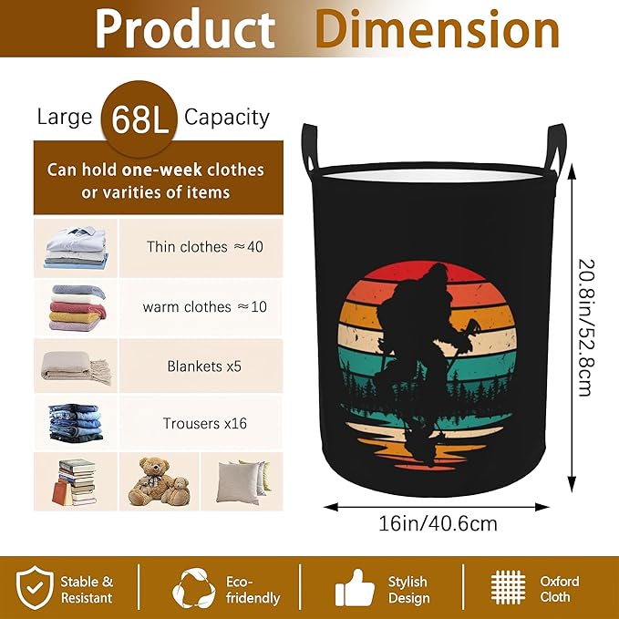 Big Foot Hiking Sunset Laundry Basket,Waterproof Laundry Hamper,Collapsible Organizer Basket for Storage Bin Toy Bins, Dirty Clothes Laundry Basket for Living Room/Bathroom/Bedroom