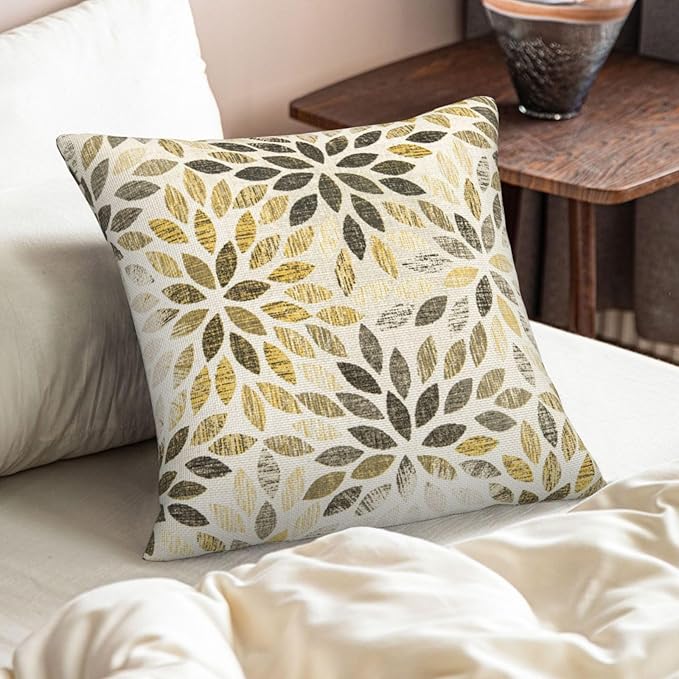 Grey Yellow Black Pillow Covers 16x16 Inch Set of 2 Summer Rust Geometric Flower Outdoor Decorative Throw Pillows Farmhouse Yellow Dahlia Pillow Case Linen Square Cushion Cover for Home Sofa Bedroom