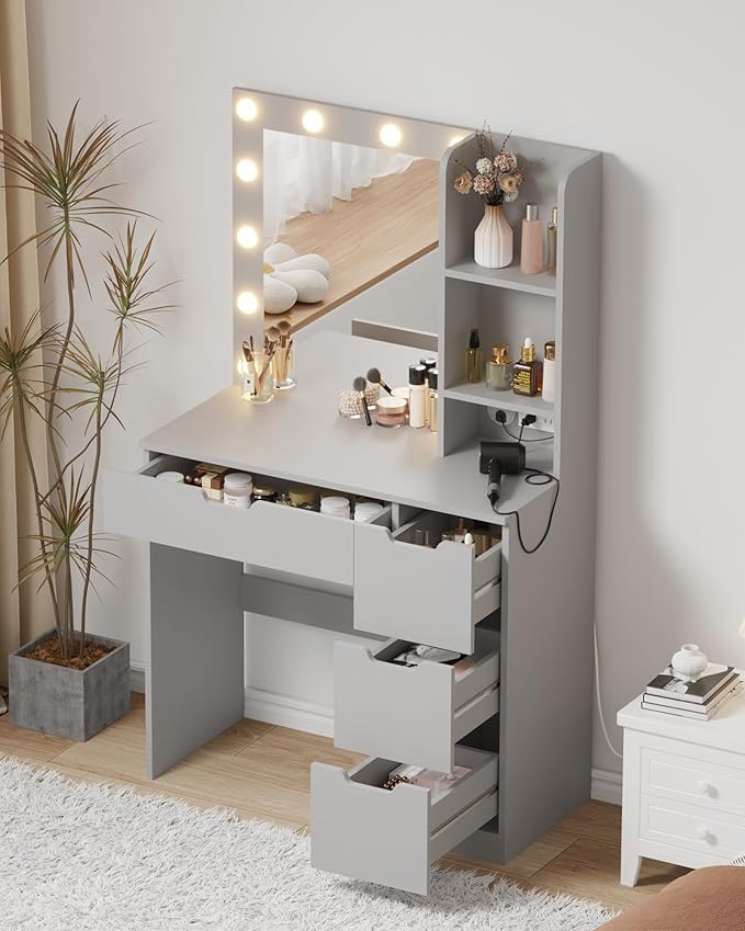 Garvee Vanity Desk with Mirror and Lights - Makeup Vanity Desk with 4 Drawers, Built-in Power Outlet & USB, Adjustable LED Lighting, Makeup Table for Bedroom (Grey)