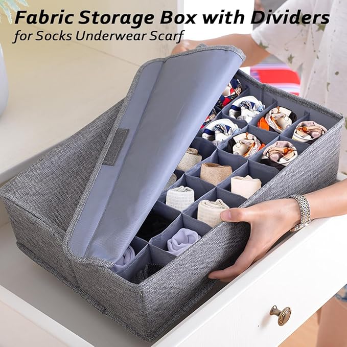 AARAINBOW 4 Packs Underwear Socks Ties Storage Organizer with Lids Foldable Closet Drawer Organizer 120 Cells, Fabric Wardrobe Divider Storage Boxes for Scarves and Lingerie (30 Cell, 4 Gray)