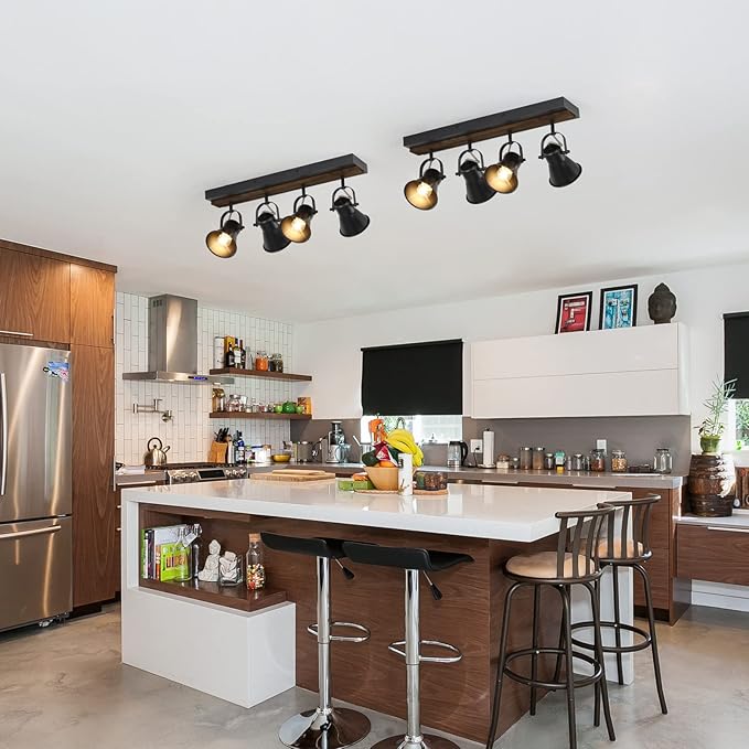 SEEBLEN 4-Light Kitchen Light Fixtures - Adjustable Ceiling/Wall Mount Spotlight, Industrial Black Track Lighting for Living Room, Dining Room, Hallway, Bathroom