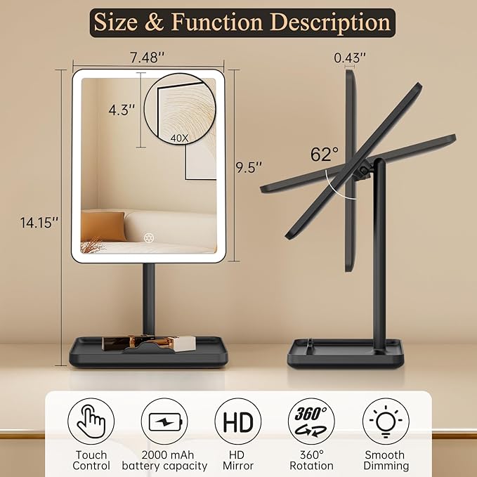 FUNTOUCH Vanity Mirror with Lights for Women Girls, Makeup Mirror Christmas Birthday Gifts for Adult Teen Kid,Detachable 40X Magnification for Vanity Desk Tabletop, Black