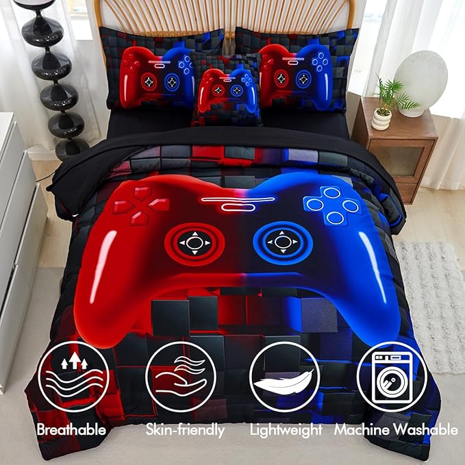 PERFEMET 6 Pieces Gaming Bedding Sets Full Size Red and Blue Gamer Comforter Set for Boys Girls Soft Fluffy 3D Cool Video Game Kids Bed in A Bag for All Seasons(Red Blue, Full)