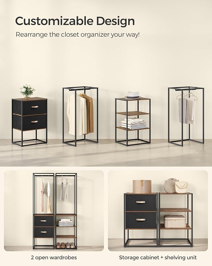 SONGMICS Clothes Rack, 70.9 Inch Wardrobe Freestanding Closet, Heavy Duty Garment Rack with 1 Extendable Hanging Rod, 2 Drawers and 4 Shelves, for Bedroom, Space-Saving, Rustic Brown URGR003B01