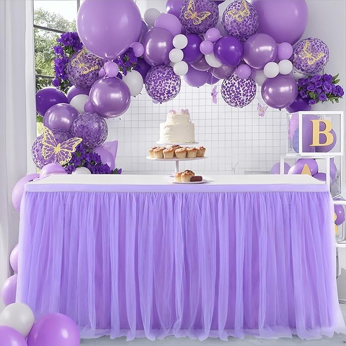 Suppromo 6ft Purple Table Skirt for Baby Shower Girl Tulle Tutu Table Skirt Rectangle Purple Table Cloth for Parties Butterfly Mermaid Birthday Wedding Cake Dessert Desk Skirt Decorations