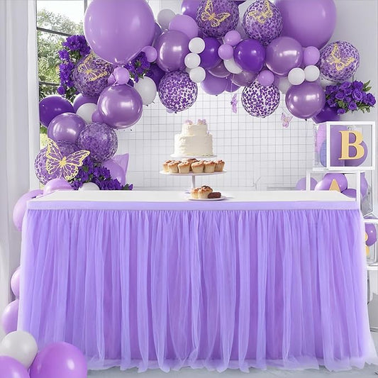 Suppromo 6ft Purple Table Skirt for Baby Shower Girl Tulle Tutu Table Skirt Rectangle Purple Table Cloth for Parties Butterfly Mermaid Birthday Wedding Cake Dessert Desk Skirt Decorations